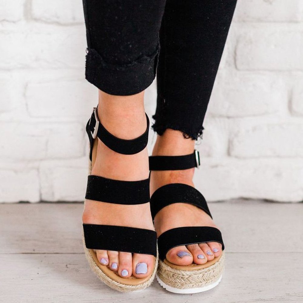 NEW🔥 Black Open Toe Buckle  Ankle Strap Platform Wedge Heel Espadrille Sandals - Picture 3 of 6